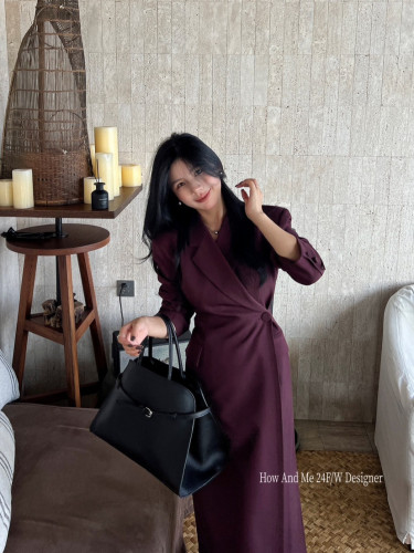 {EAM} Solid color everything with a button coat suit women's 2024 autumn waist slimming mid-long top DLZ201