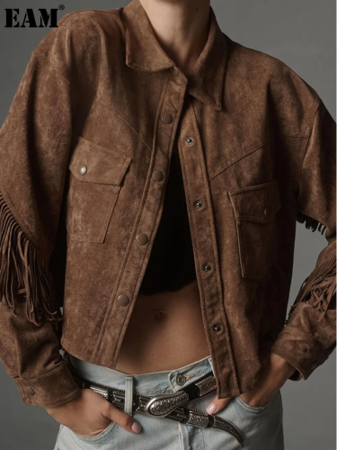 {EAM} Brown jacket with fringe lapel pocket embellished with long sleeve coat street trend DLZ195