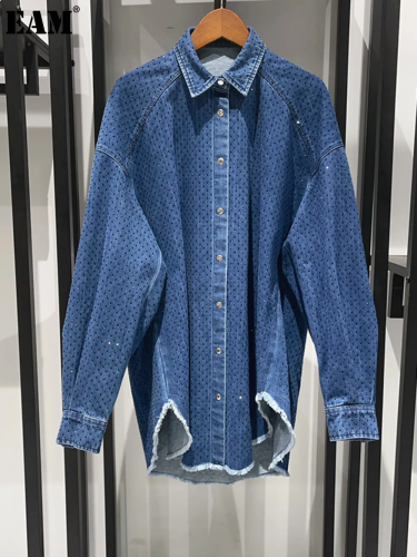 {EAM} French niche 2024 Pre-fall Luxury denim with diamond rough edge silhouette drop shoulder shirt  DLZ152