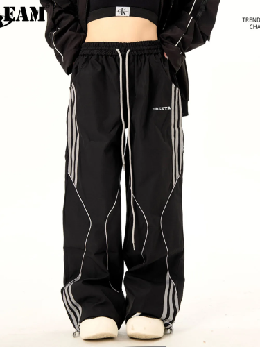 {EAM} American retro striped straight-leg sweatpants fashion patchwork deconstructed functional casual overalls DLZ213