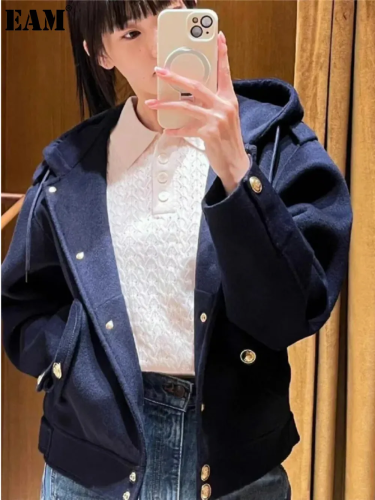{EAM} Autumn/Winter 2024 new women's reversible casual wool hooded short coat DLZ151