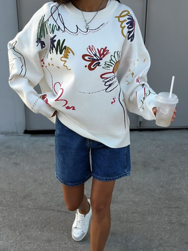 {EAM} Long sleeve casual loose sweater graffiti print solid color blouse casual style DLZ204