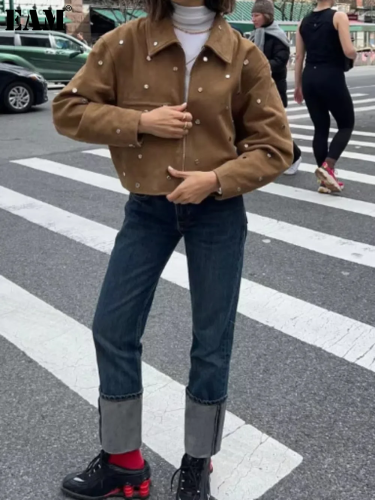 {EAM} Studded suede jacket Europe and the United States cross-border 2024 new street style lapel long-sleeved loose top DLZ206