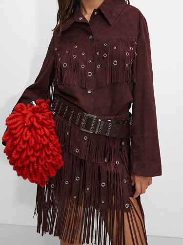 {EAM} Brown riveted fringe jacket Europe and the United States cross-border 2024 autumn street trend single-row multi-button coat DLZ212