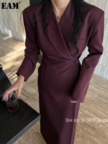 {EAM} Solid color everything with a button coat suit women's 2024 autumn waist slimming mid-long top DLZ201