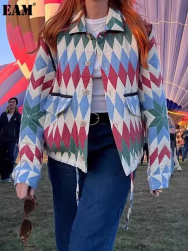 {EAM} Lozenge print coat with lapel single breasted blazer casual look DLZ207
