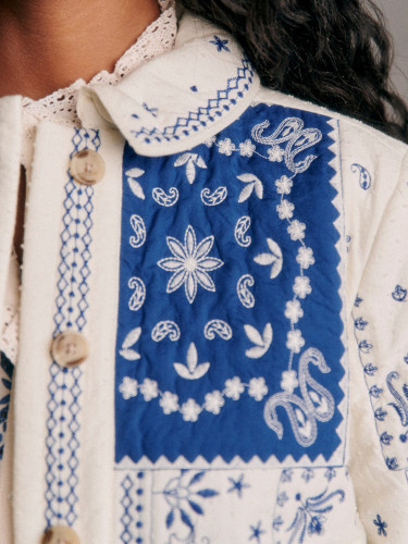 {EAM} Blue and white printed jacket Europe and the United States cross-border 2024 new casual style lapel loose long-sleeved coat DLZ208