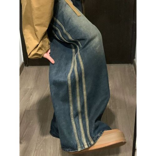 {EAM} American street wash made old vintage jeans three bars loose wide leg casual pants fashion brand floor long pants DLZ216