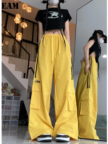 {EAM} Colored Dopamine American three-bar pocket overalls Women's Shamaillard slim athleisure pants DLZ220