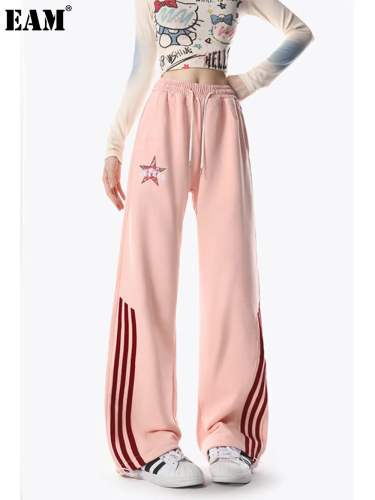 {EAM} Casual sports pants women spring and autumn outdoor three bars small student high waist loose straight wide sweatpants DLZ217
