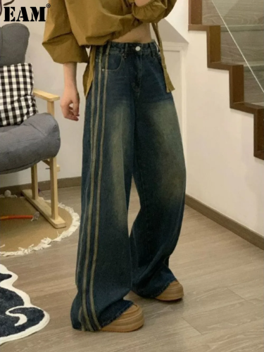 {EAM} American street wash made old vintage jeans three bars loose wide leg casual pants fashion brand floor long pants DLZ216