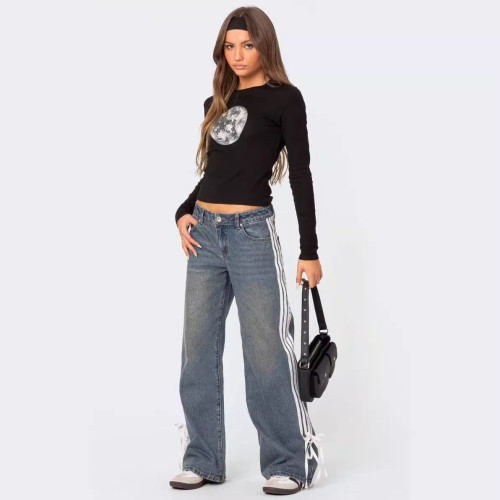{EAM} High street low-rise slimming loose draping floor length trousers women's retro American three-track bar lace-up striped jeans DLZ215
