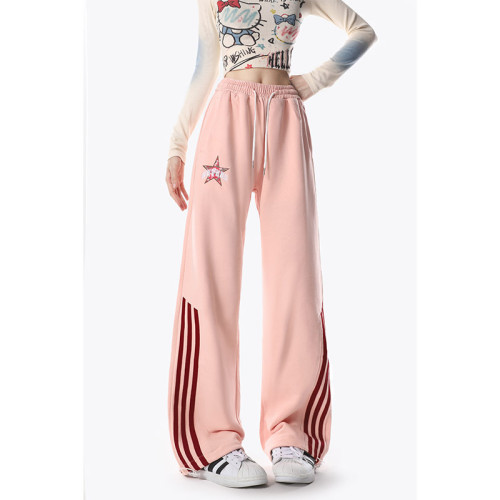 {EAM} Casual sports pants women spring and autumn outdoor three bars small student high waist loose straight wide sweatpants DLZ217