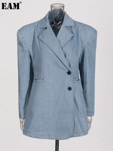 {EAM} Fashion long sleeve small suit 2024 autumn and winter new loose senior sense two button design denim suit jacket women DLZ223