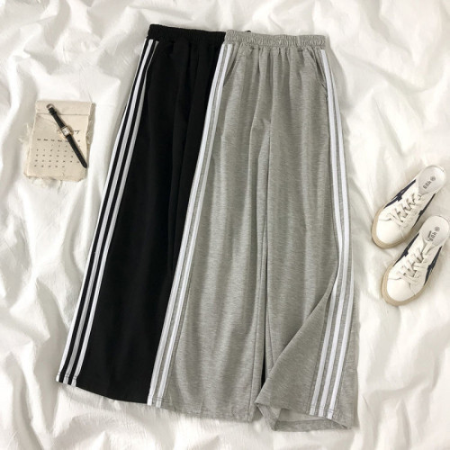 {EAM} Sports pants three bars gray wide leg cotton spring and autumn new all-in-one high waist vertical drawstring casual straight pants DLZ221