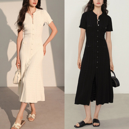 {EAM} French temperament girl short-sleeved wooden ear side hollow thread single-breasted knitted dress slim long skirt DLZ224