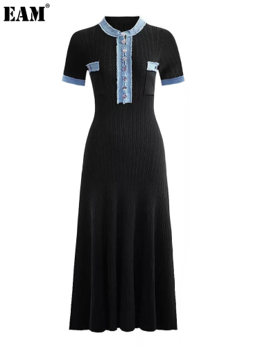 {EAM} Short sleeve jeans simple atmosphere slimming long knit dress DLZ225