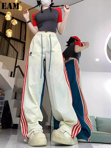 {EAM} Europe and the United States cross hip hop color matching three-bar cargo pants women's high street jazz dance casual straight cylinder quick-drying sports pants tide DLZ222
