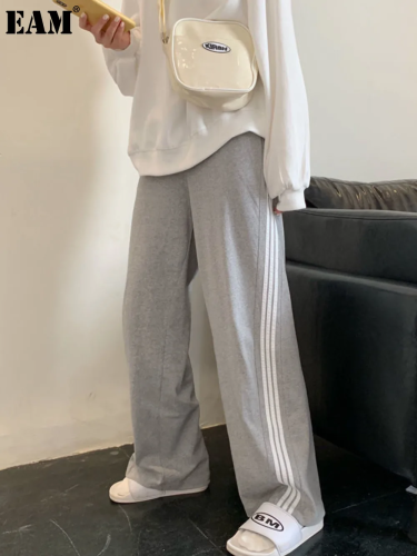 {EAM} Sports pants three bars gray wide leg cotton spring and autumn new all-in-one high waist vertical drawstring casual straight pants DLZ221