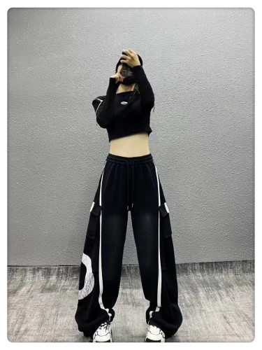 {EAM} European goods American loose hard stripe cargo casual pants women 2024 autumn and winter new G letter print drawstring pants DLZ228