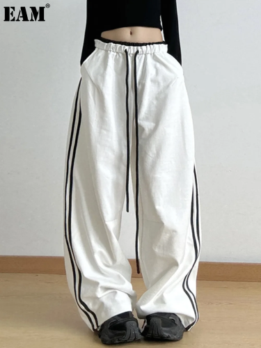 {EAM} Spring and autumn new color contrast two bars sports pants women straight leg loose casual cargo wide-leg pants tide DLZ229