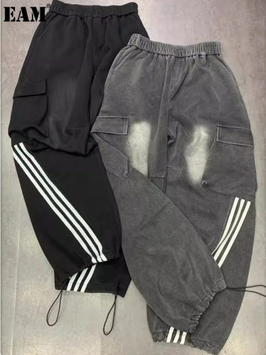 {EAM} European goods three bars wide leg overalls women 2024 autumn new fashion loose drawstring encore red pants tide DLZ226