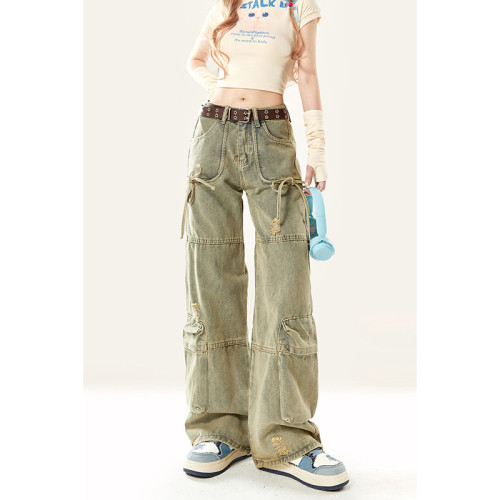 {EAM} American retro large pocket cargo jeans thin summer girl high waist straight tube narrow version of wide leg long pants DLZ231