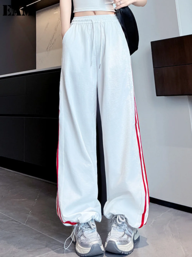 {EAM}White quick drying sports pants, summer women's pants, women's high waist hanging casual pants, straight leg American striped DLZ161