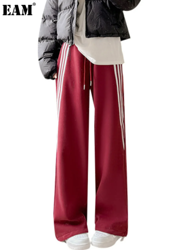 {EAM}Ankela red striped sports pants for women's autumn and winter new styles, lazy style wide leg pants, loose straight leg with DLZ158