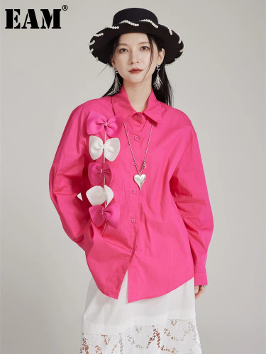 [EAM] Women Rose Red Bow Spliced Big Size Elegant Blouse New Lapel Long Sleeve Shirt Fashion Tide Spring Autumn 2024 1DH7982