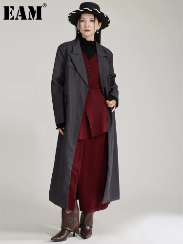 [EAM] Women Gray Double Breasted Brief Elegant Long Blazer New Lapel Long Sleeve Jacket Fashion Tide Spring Autumn 2024  1DH7985