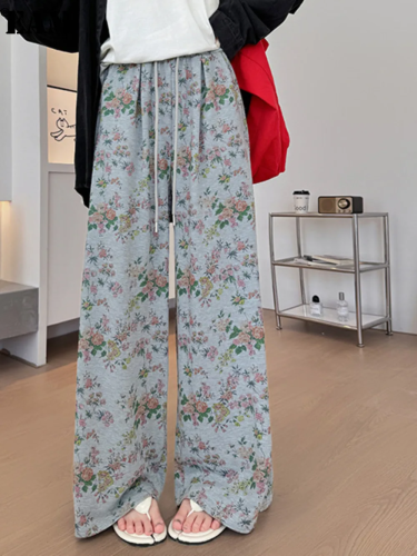 {EAM}Lazy style floral wide leg pants for women's spring and autumn 2024 new loose hanging casual pants straight leg floor length DLZ159