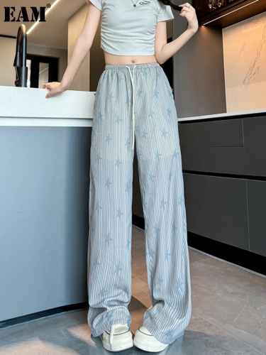 {EAM}Star Ice Silk Wide Leg Pants Women's Pants Summer Pants Children's New Look Slim Casual Pants Lazy Style Hanging Loose Straight DLZ160