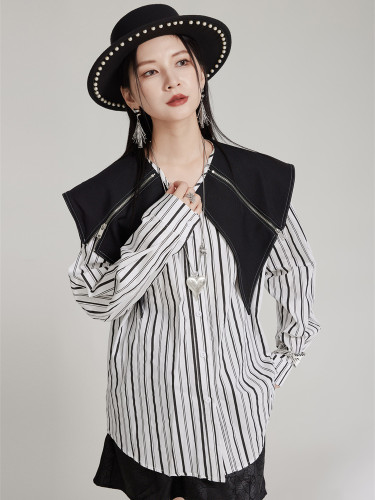 [EAM] Women Black Striped Color-block Big Size Blouse New Lapel Long Sleeve Shirt Fashion Tide Spring Autumn 2024 1DH7983