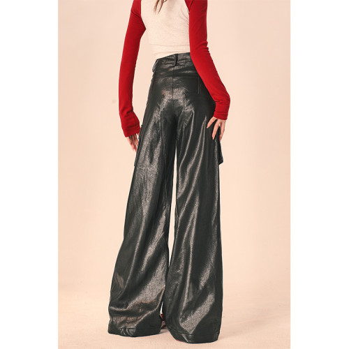 {EAM} Black cargo leather pants women's autumn winter thick wide leg high waist design sense straight leg advanced American pants DLZ232