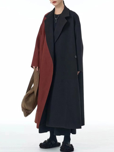 [EAM] Orange Color-block Big Size Long Woolen Coat New Lapel Long Sleeve Women Jacket Fashion Tide Autumn Winter 2024 1DH7970