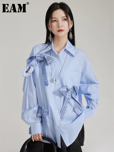 [EAM] Women White Blue Bow Color-block Big Size Blouse New Lapel Long Sleeve Shirt Fashion Tide Spring Autumn 2024 1DH7984