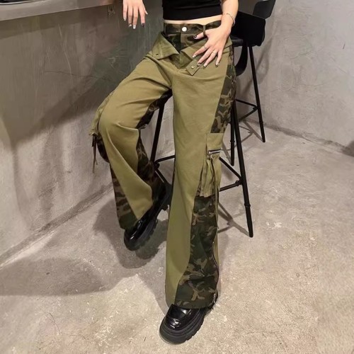 {EAM} American retro high-waisted overalls fake two patchwork leopard print jeans camo pants street hip hop straight leg pants DLZ233