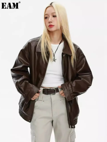 {EAM} Spring and autumn coffee color vintage motorcycle style leather coat for men and women couples loose American high-grade lapel PU leather jacket DLZ236