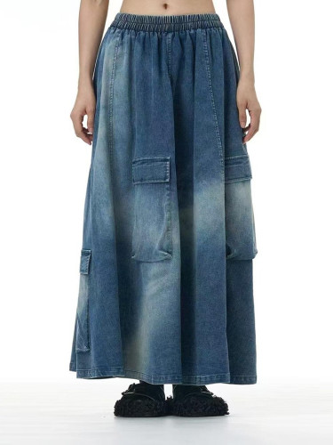 [EAM] High Elastic Waist Blue Denim Pockets Casual A-line Half-body Skirt Women Fashion Tide New Spring Autumn 2024 1DH7972