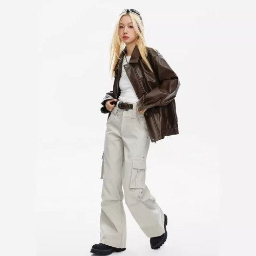 {EAM} Spring and autumn coffee color vintage motorcycle style leather coat for men and women couples loose American high-grade lapel PU leather jacket DLZ236
