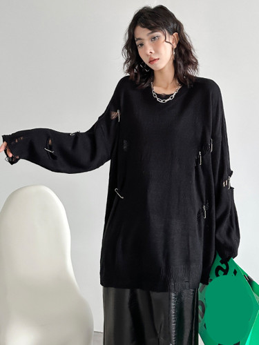 [EAM] Black Big Size Holes Knitting Sweater Round Neck Long Sleeve Women Pullovers New Fashion Tide Spring Autumn 2024 1DH7977