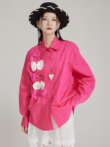[EAM] Women Rose Red Bow Spliced Big Size Elegant Blouse New Lapel Long Sleeve Shirt Fashion Tide Spring Autumn 2024 1DH7982