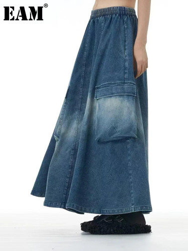 [EAM] High Elastic Waist Blue Denim Pockets Casual A-line Half-body Skirt Women Fashion Tide New Spring Autumn 2024 1DH7972