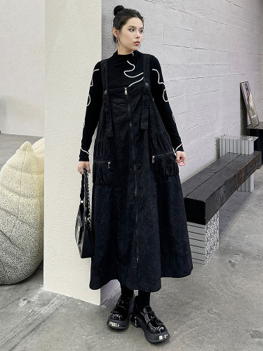[EAM] Women Black Pockets Casual Big Size Midi Strap Dress New Square Collar Sleeveless Fashion Tide Spring Autumn 2024 1DH6821