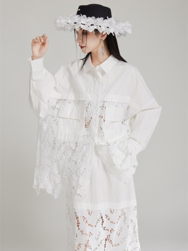 [EAM] Women White Lace Hollow Out Big Size Elegant Blouse New Lapel Long Sleeve Shirt Fashion Tide Spring Autumn 2024  1DH7979