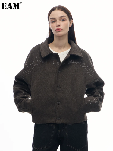 {EAM} Woolen chestnut brown graduated piece embroidered jacket vintage jacket DLZ235