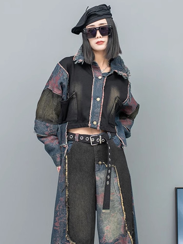 [EAM] Blue Denim Burr Color-block Big Size Short Jacket New Lapel Long Sleeve Women Coat Fashion Tide Spring Autumn 2024 1DH8081