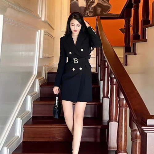 {EAM} Spring and autumn new fashion senior solid color belt long sleeve slim temperament commuter suit dress female spot DLZ237