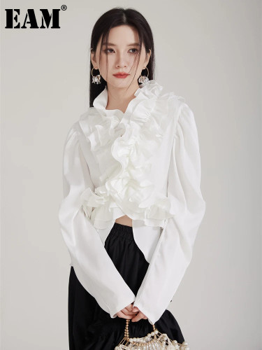 [EAM] Women White Irregular Elegant Short Blouse New Ruffles Collar Long Sleeve Shirt Fashion Tide Spring Autumn 2024 1DH8033